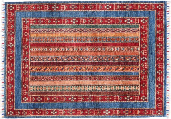 Afghan Ziegler Khorjin Rug 100x150 Hand Knotted Blue Stripes Orient Short Pile