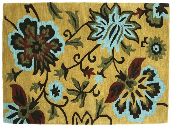 Handgefertigter Teppich Flowers 160x230 Gold Blumenmuster Handarbeit Handtuft Modern