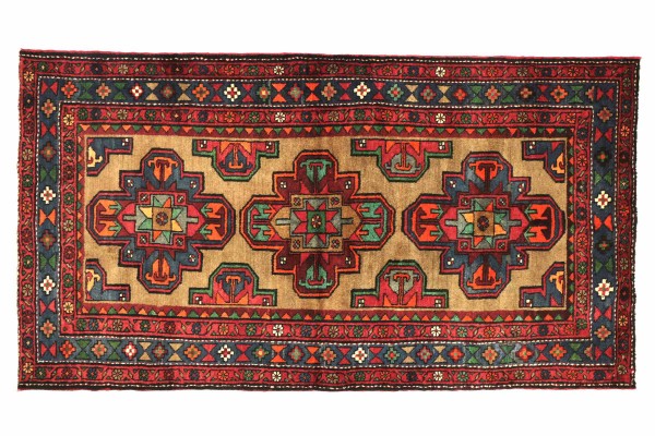 Perser Hamadan 130x210 Handgeknüpft Teppich Rot Geometrisch Muster Kurzflor