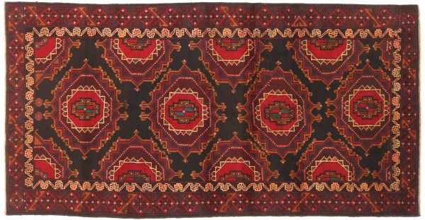 Belutsch Baluch Teppich 100x200 Handgeknüpft Schwarz Geometrisch Orientalisch UNIKAT