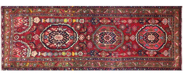 Perser Hamedan Teppich 110x270 Handgeknüpft Läufer Rot spiegelmuster Wolle Kurzflor Rug