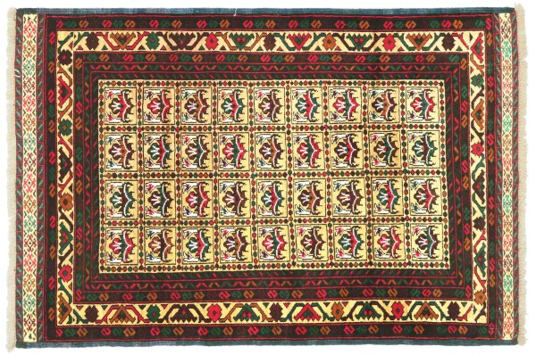 Afghan Teppich 90x140 Handgeknüpft Beige Geometrisch Orient Kurzflor Wohnzimmer