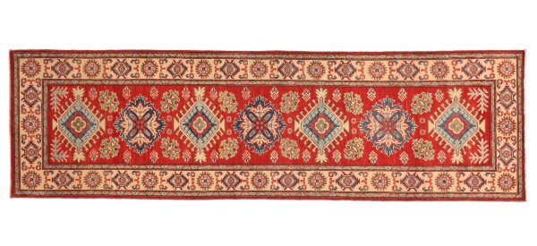 Kazak Teppich 80x300 Handgeknüpft Läufer rot Geometrisch Orientalisch UNIKAT Kurzflor
