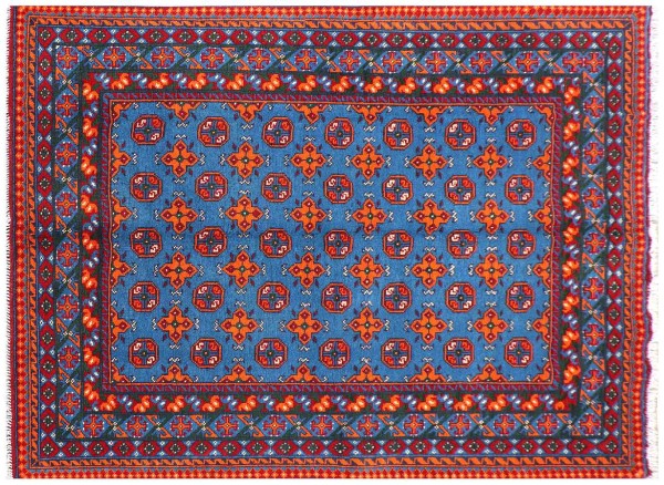 Afghan Akcha Rang Dar Teppich 140x200 Handgeknüpft Blau Durchgemustert Orient Kurzflor
