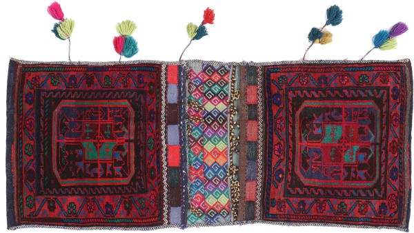 Khorjin Carpet Saddle Bag Camel Bag Nomads 40x100 Hand Knotted Red Geometric