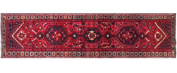 Persian Hamedan carpet 90x320 hand-knotted runner red mirror pattern Orient short pile
