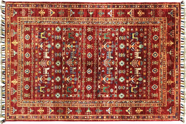 Afghan Ziegler Khorjin Tiere 100x150 Handgeknüpft Orientteppich Rot Umrandung