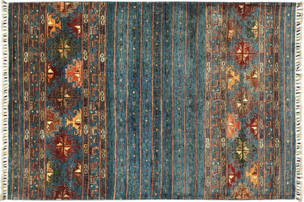 Afghan Ziegler Khorjin Tiere 150x200 Handgeknüpft Orientteppich Blau Streifen