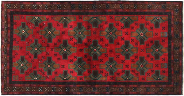 Afghan Baluch Crosses Rug 140x200 Hand Knotted Red Geometric Orient Short Pile