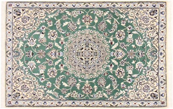 Persian carpet Nain 9LA 90x140 Hand-knotted Green Medallion Oriental UNIKAT short pile