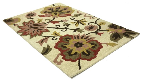 Handgefertigter Teppich Flowers 120x180 Beige Blumenmuster Handarbeit Handtuft Modern