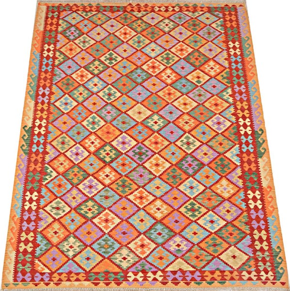 Afghan Maimana Kelim Teppich 200x300 Handgewebt Bunt Geometrisch Handarbeit Gewebt