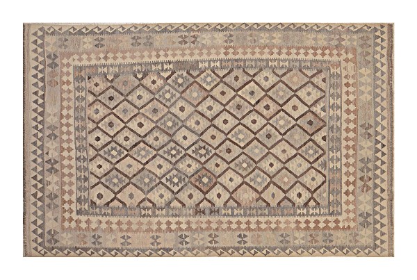 Afghan Kilim Old Style Natural Carpet 200x300 Handwoven Beige Geometric Handmade