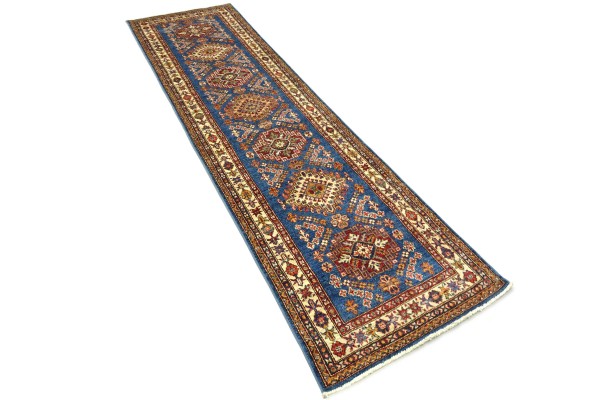 Afghan Kazak Fein 80x300 Handgeknüpft Orientteppich Läufer Blau Geometrisch