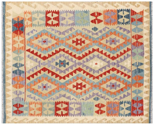Afghan Maimana Kelim Teppich 150x190 Handgewebt Bunt Geometrisch Handarbeit Gewebt