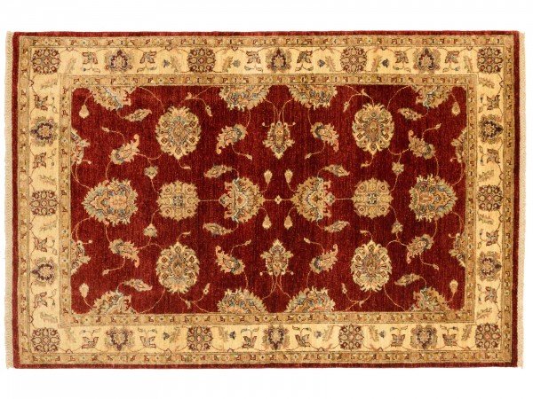 Afghan Chobi Ziegler Rug 120x180 Hand Knotted Red Floral Pattern Orient Short Pile