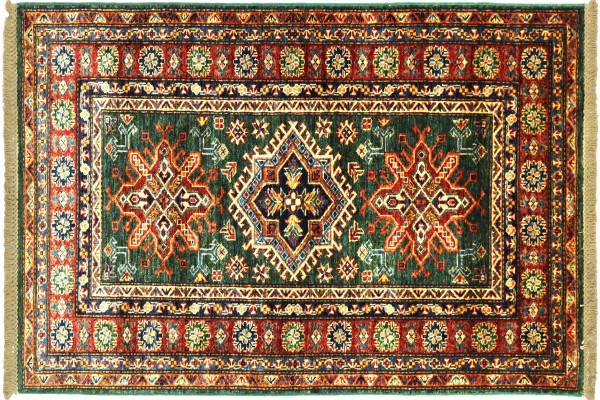 Afghan Kazak Fein 90x160 Handgeknüpft Orientteppich Grün Umrandung Wolle