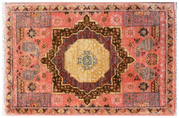 Afghan Ziegler Mamluk Teppich 60x90 Handgeknüpft Rosa Medaillon Orient Kurzflor