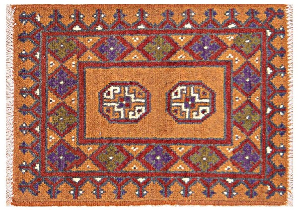 Afghan Aqcha Poshti Rug 40x60 Hand Knotted Brown Geometric Orient Short Pile