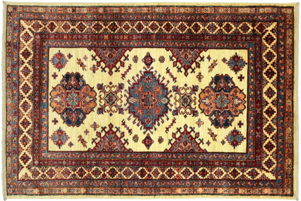 Afghan Kazak Fein 110x160 Handgeknüpft Orientteppich Beige Umrandung Wolle