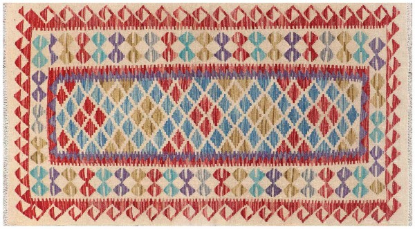 Afghan Maimana Kelim Teppich 90x180 Handgewebt Bunt Geometrisch Handarbeit Gewebt