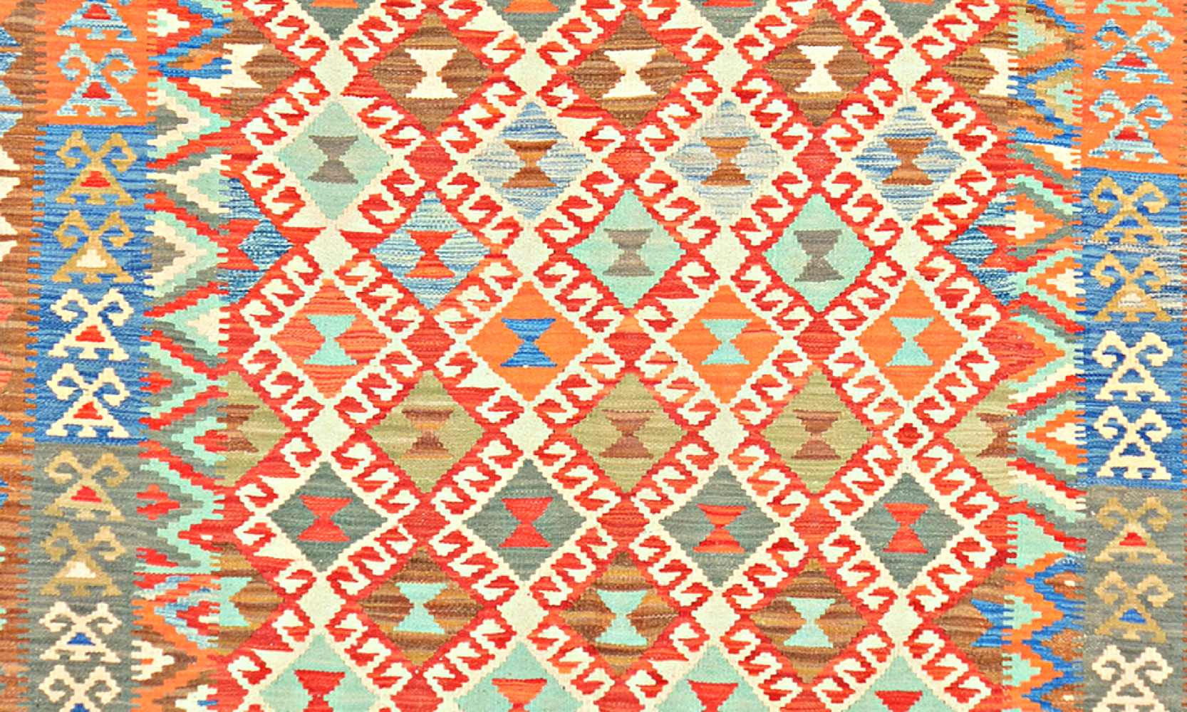 Grand Tapis Kelim Maimana Afghanistan 200x300 Cm – Tissé Main Motifs Géométriques Multicolores