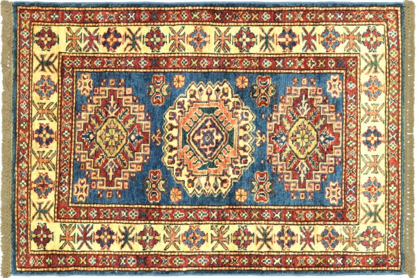 Afghan Super Kazak 80x120 Handgeknüpft Orientteppich Blau Umrandung Wolle