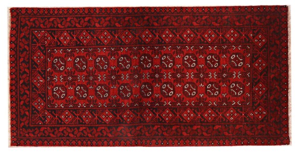 Afghan Aqcha Rug 90x180 Hand Knotted Red Geometric Orient Low Pile Living Room