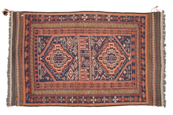 Afghan Taimani Kelim 130x210 Handgewebt Teppich Blau Geometrisch Muster