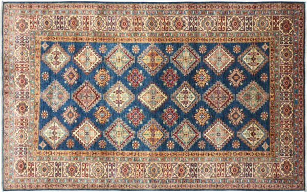 Afghan Kazak Fine Rug 200x250 Hand Knotted Blue Geometric Orient Low Pile
