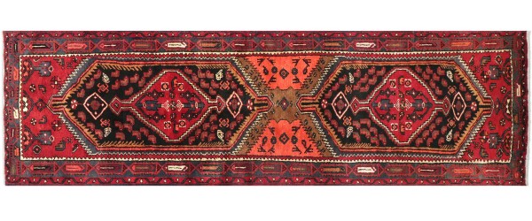 Persian Hamedan carpet 80x300 hand-knotted runner red mirror pattern Orient short pile