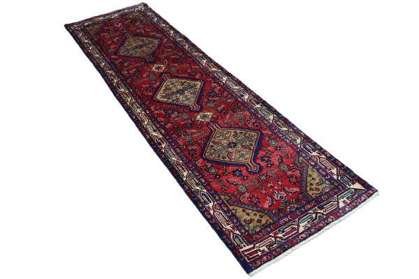 Perser Hamedan Teppich 90x300 Handgeknüpft Läufer Rot spiegelmuster Wolle Kurzflor Rug
