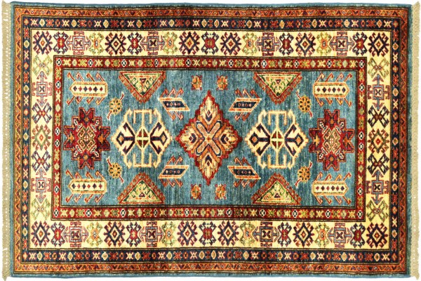 Afghan Kazak Fein 100x150 Handgeknüpft Orientteppich Blau Umrandung Wolle