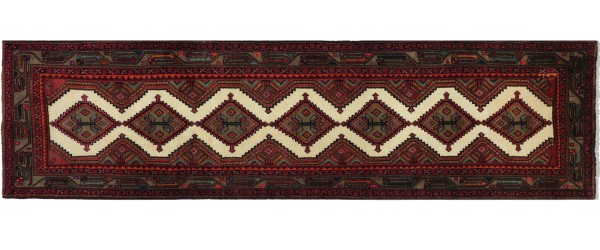 Perser Hamedan Teppich 80x300 Handgeknüpft Läufer Rot spiegelmuster Wolle Kurzflor Rug