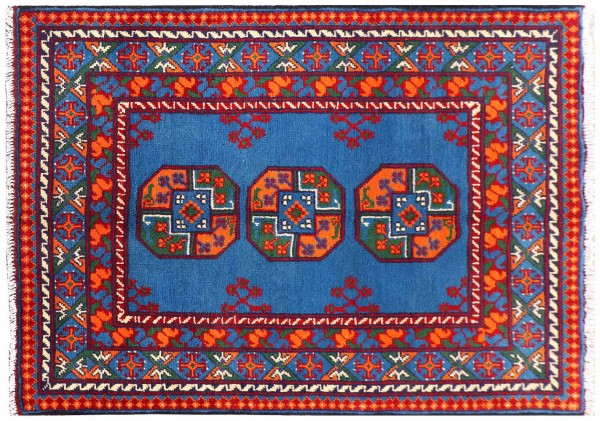 Afghan Akcha Rang Dar Teppich 100x150 Handgeknüpft Blau Durchgemustert Orient Kurzflor