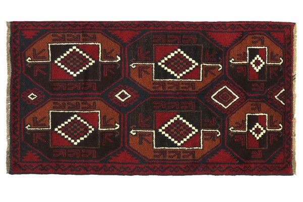 Afghan Baluch Rug 80x120 Hand Knotted Red Geometric Pattern Orient Short Pile