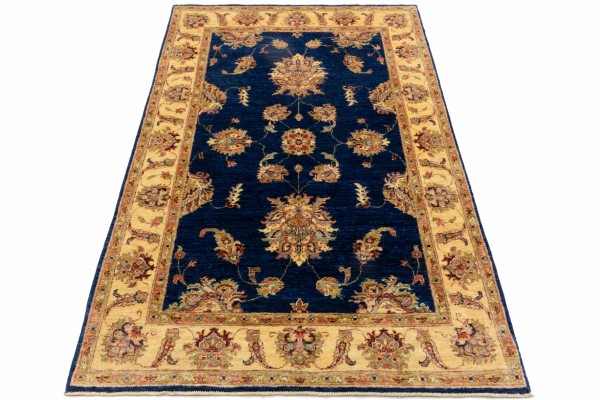 Afghan Chobi Ziegler 120x180 Handgeknüpft Teppich Blau Blumenmuster Kurzflor