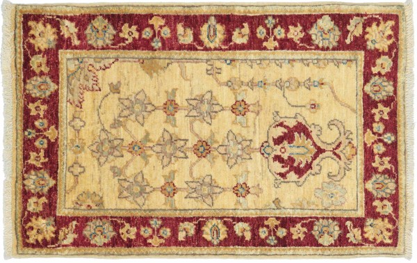 Afghan Chobi Ziegler Rug 60x90 Hand Knotted Beige Floral Pattern Orient Short Pile