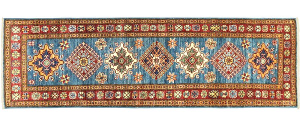 Afghan Fine Kazak Rug 60x180 Hand Knotted Runner Blue Geometric Orient Short Pile