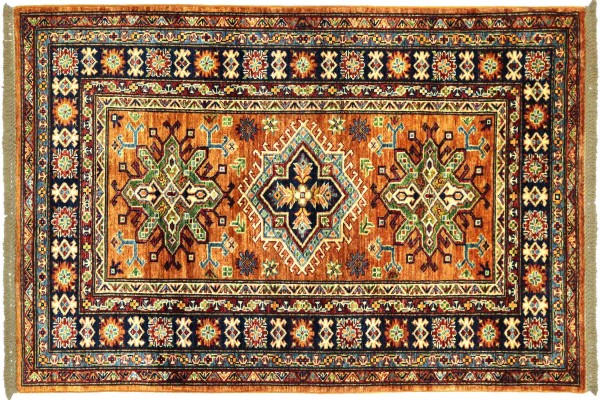 Afghan Kazak Fein 90x160 Handgeknüpft Orientteppich Braun Umrandung Wolle