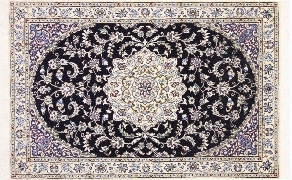 Persian carpet Nain 9LA 100x150 hand-knotted dark blue medallion oriental UNIKAT