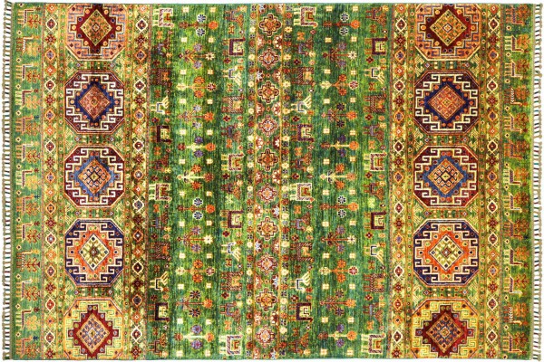 Afghan Ziegler Shaal Nomad Rug 170x240 Hand Knotted Green Stripes Orient Short Pile