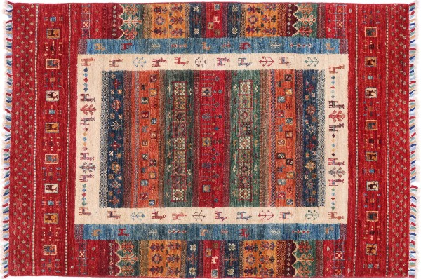 Afghan Ziegler Khorjin Rug 100x150 Hand Knotted Red Stripes Orient Short Pile