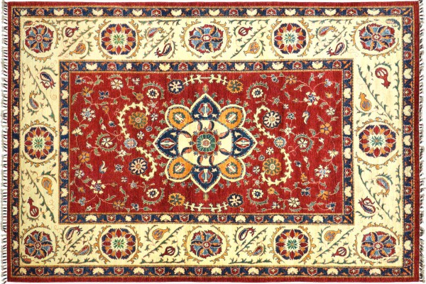 Afghan Chobi Ziegler 200x300 Handgeknüpft Orientteppich Rot Medaillon Wolle