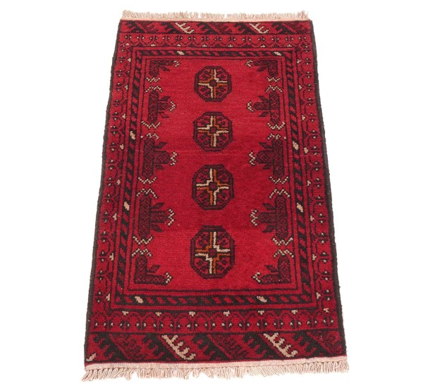 Afghan Teppich Akche Aqcha Handgeknüpft 50x100 Rot Geometrisches Muster Kurzflor