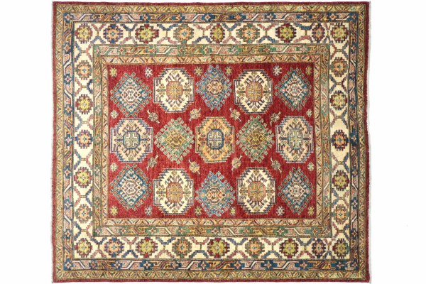 Afghan Kazak Fine Rug 200x200 Hand Knotted Square Red Geometric Orient