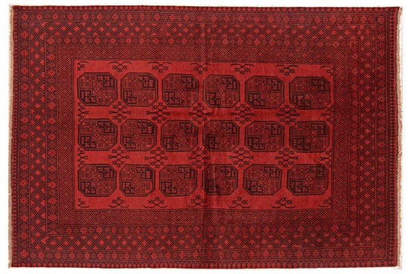 Afghan Aqcha Teppich 200x300 Handgeknüpft Rot Geometrisch Orient Kurzflor Wohnzimmer