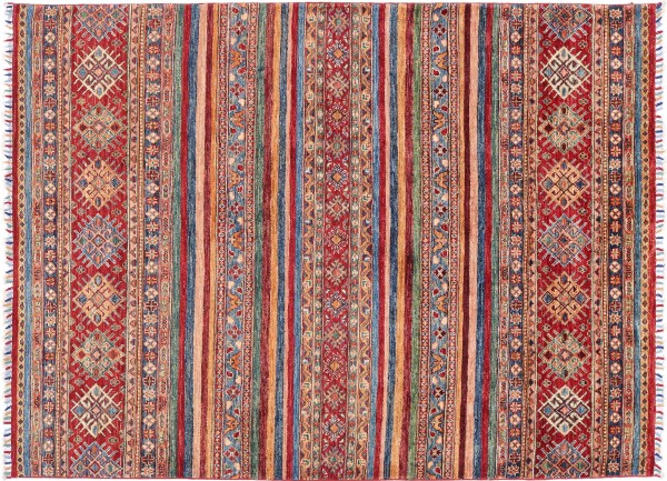 Afghan Ziegler Khorjin Rug 150x200 Hand Knotted Red Stripes Orient Short Pile