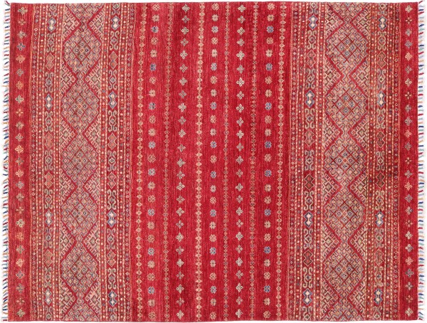 Afghan Ziegler Khorjin Rug 150x190 Hand Knotted Red Striped Orient Short Pile