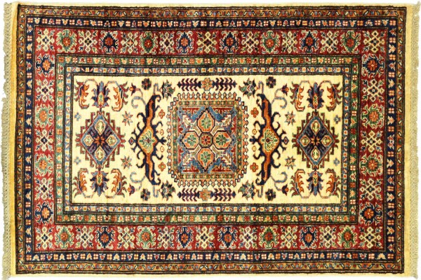 Afghan Kazak Fein 100x150 Handgeknüpft Orientteppich Beige Umrandung Wolle